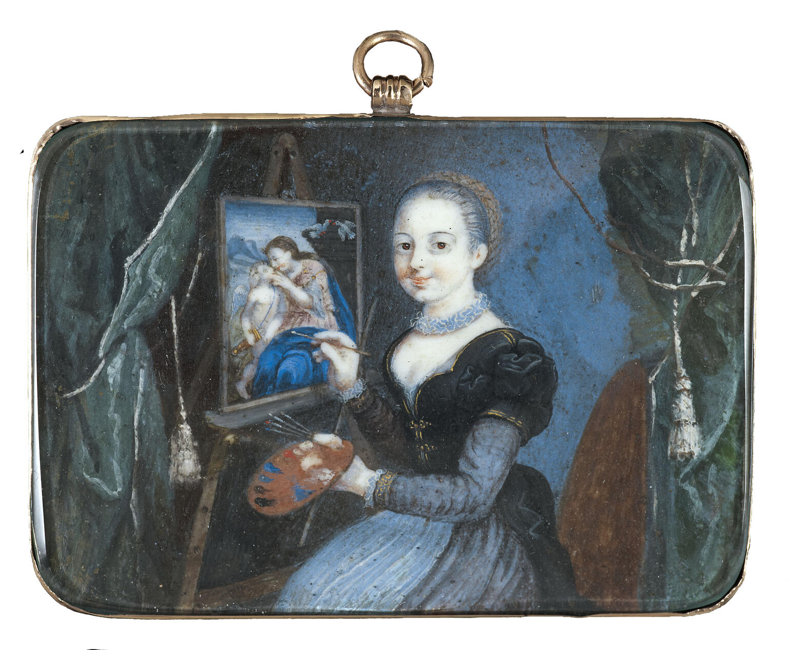 Painting of woman looking at viewer holding paintbrush and palette next to painting of mother and child.