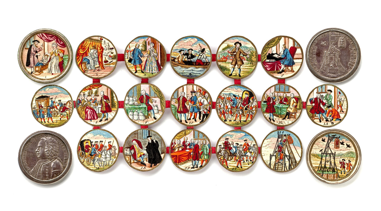 19 illustrations in circular frames connected by ribbon of different painted scenes of man's life from birth to gallows, and two coins, one with gallows and the other with the profile of a man. 19 illustrations in circular frames connected by ribbon of different painted scenes of man's life from birth to gallows, and two coins, one with gallows and the other with the profile of a man.