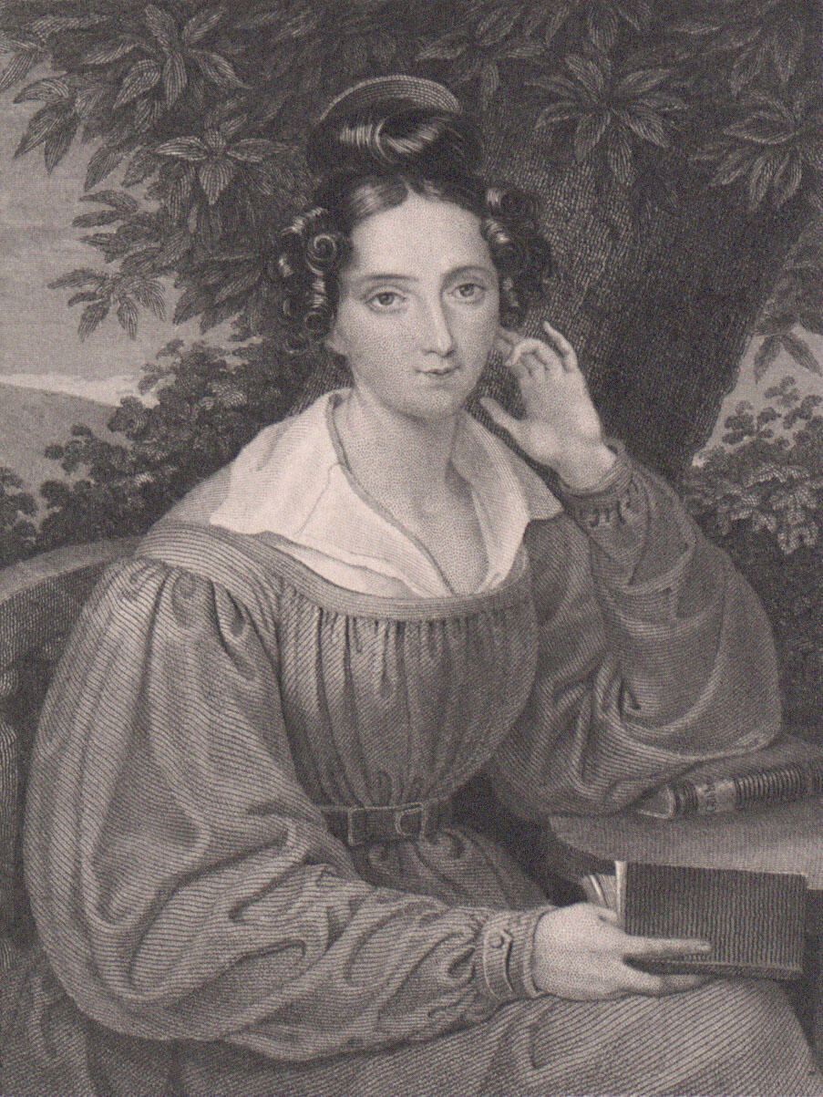 Engraving of woman seated in front of a tree at a table, facing the viewer with her left elbow resting on the table and her right hand holding a book in her lap. Engraving of woman seated in front of a tree at a table, facing the viewer with her left elbow resting on the table and her right hand holding a book in her lap.