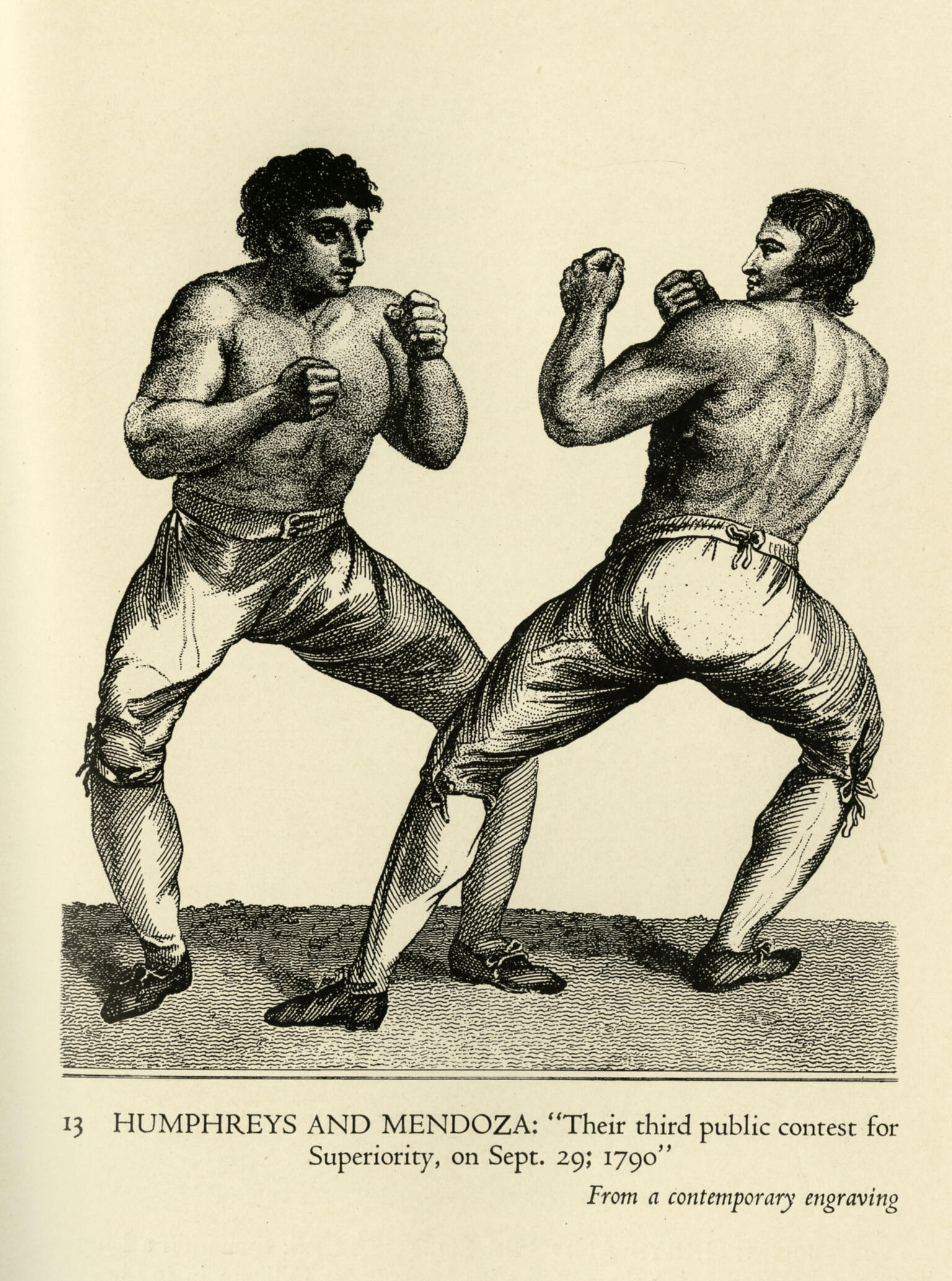 Etching of two men boxing.