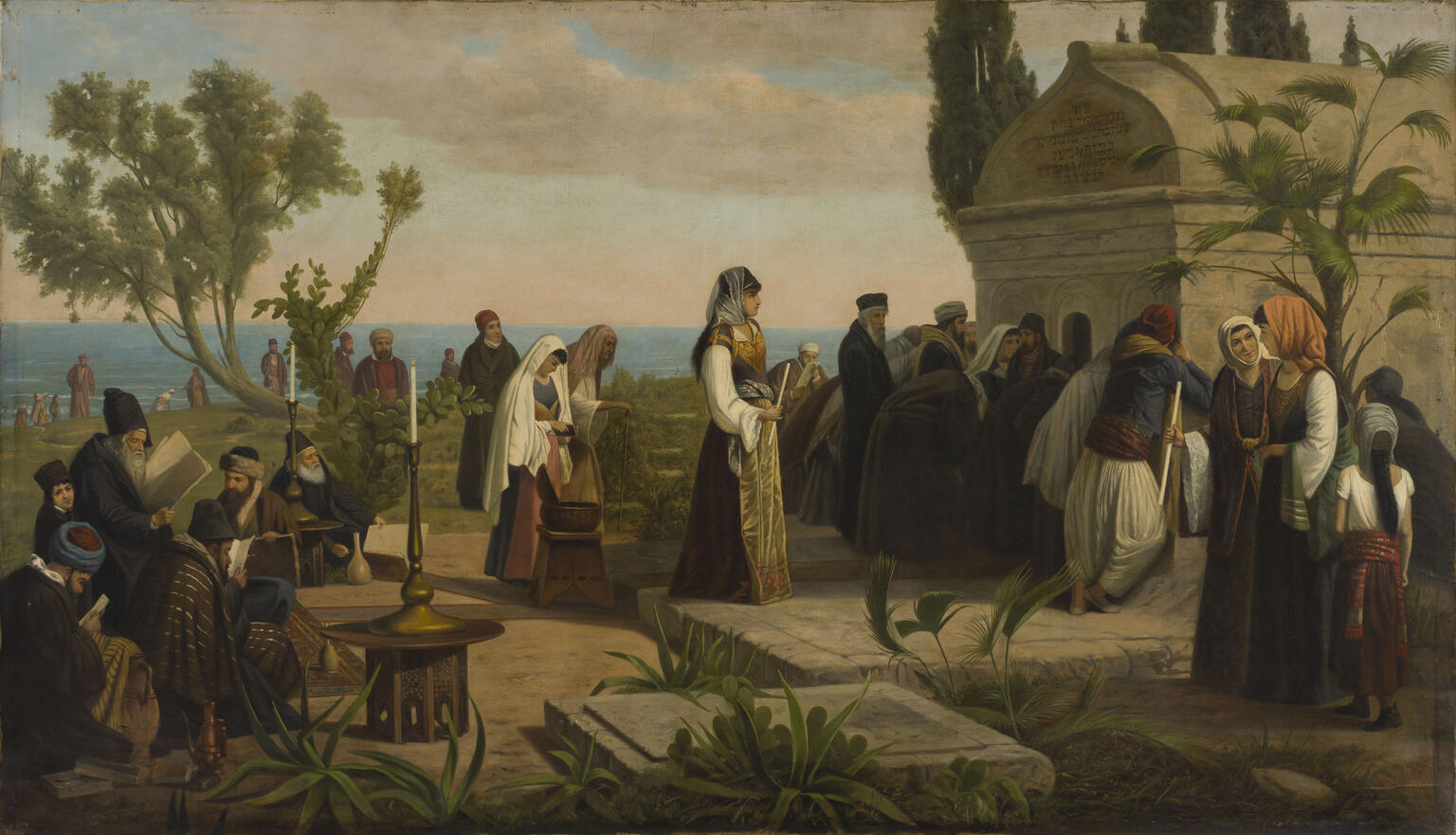 Painting of travelers surrounding tomb.