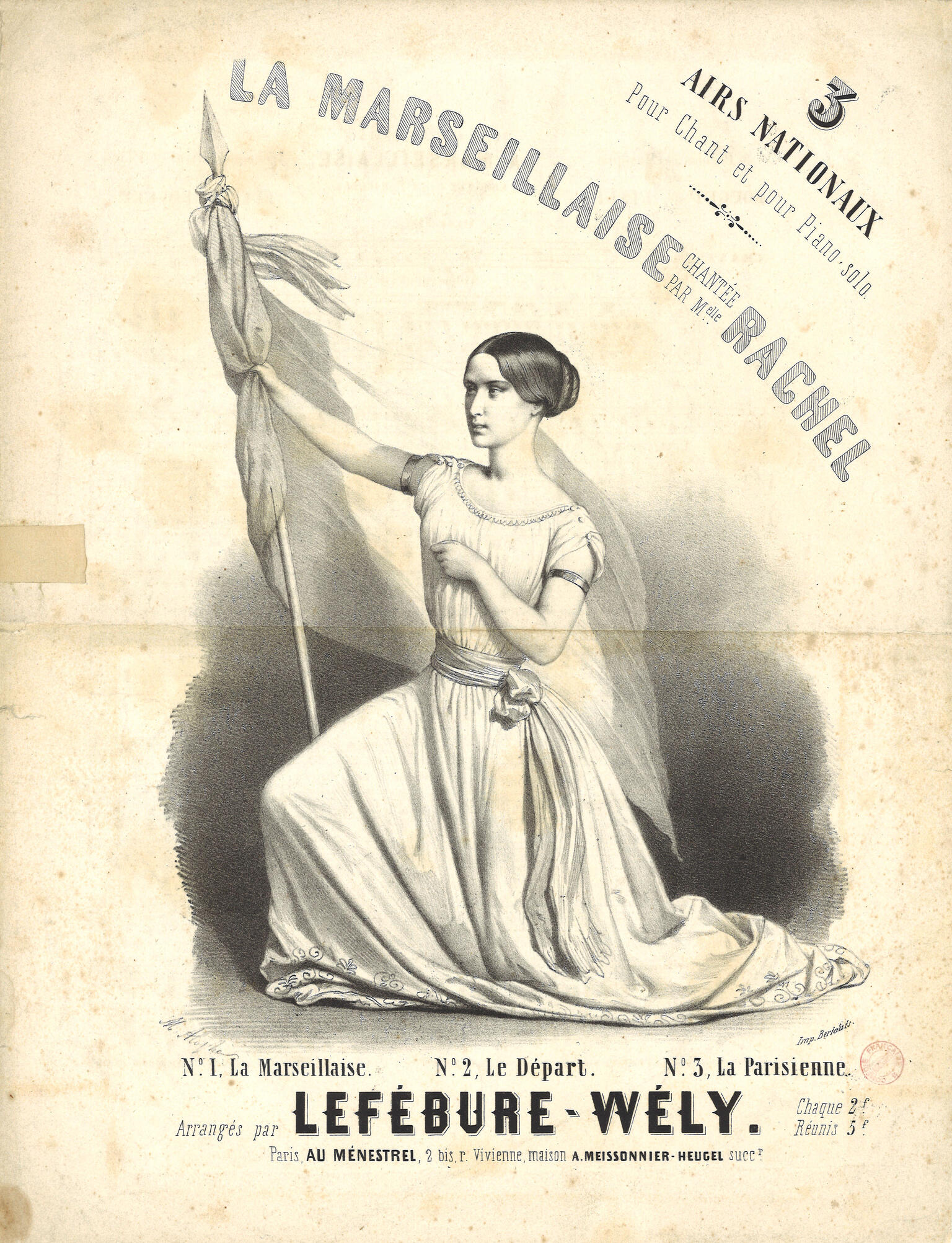 Printed page with woman kneeling in front holding large flag and French text surrounding. Printed page with woman kneeling in front holding large flag and French text surrounding.