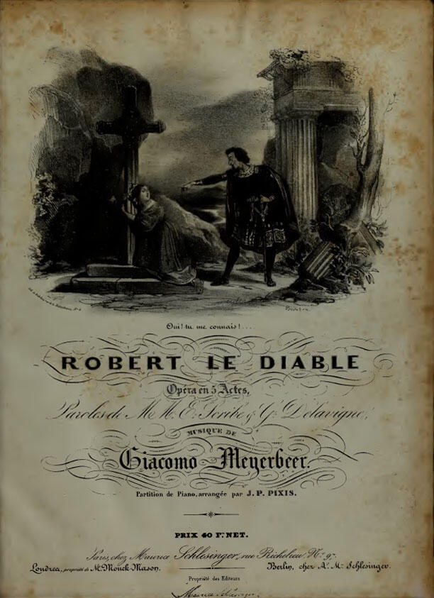 Title page of score featuring a man pointing downward at a woman who is on the ground gripping a cross.