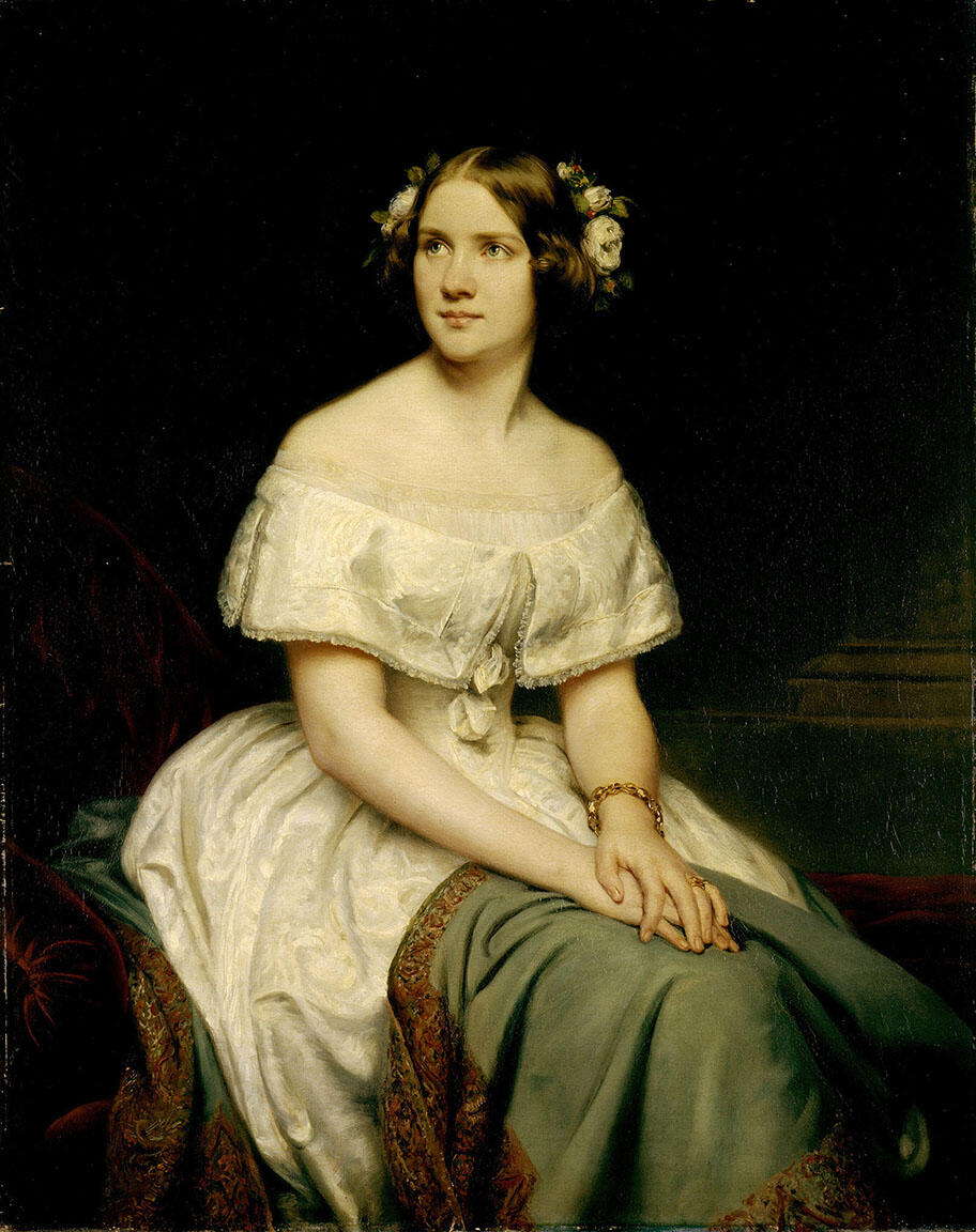 Portrait painting of woman wearing an off-the-shoulder dress and flowers in her hair, and her hands folded on lap.
