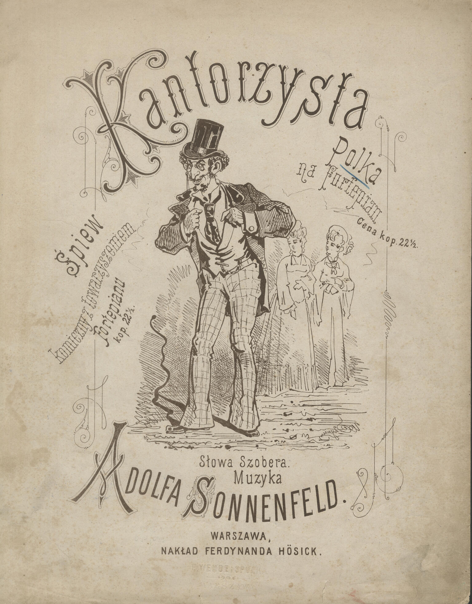 Page of Polish text with central figure in hat and moustache.
