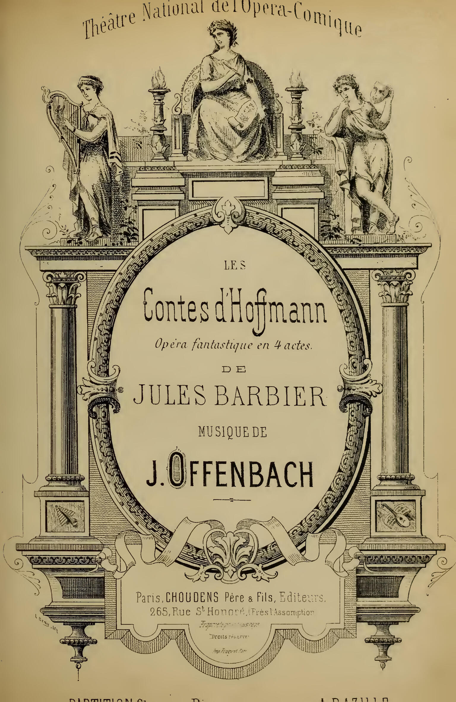 Printed page of French text surrounded by columns and three classical figures on top, one seated in center holding a scroll, another holding a harp, and a third holding a mask.