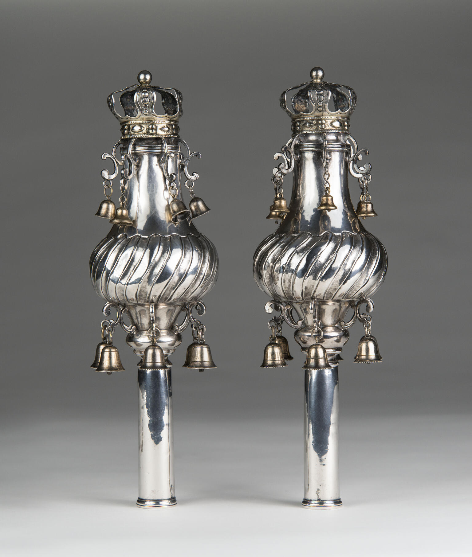 Spherical silver and gold Torah finials