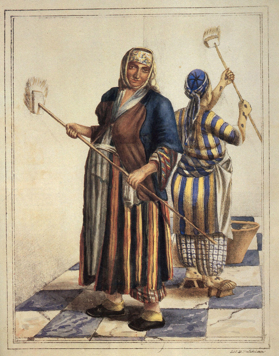 Lithograph of two women washing walls in room with checkered floor.