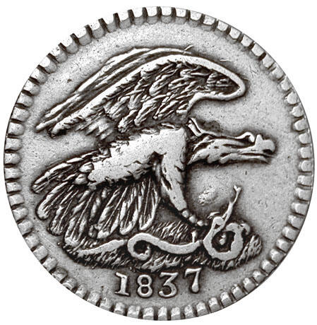Silver coin featuring eagle and snake. Silver coin featuring eagle and snake.