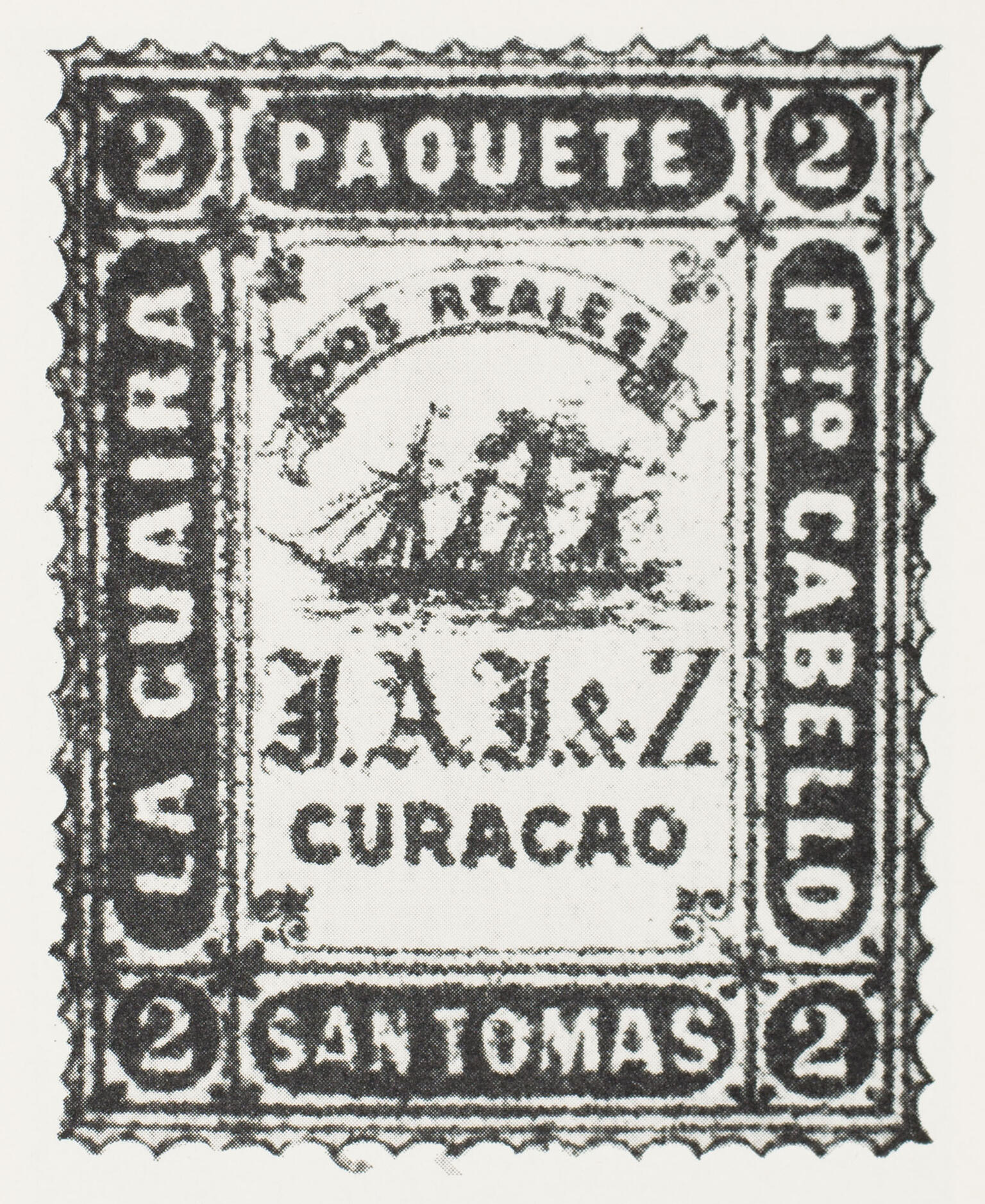 Postage stamp depicting ship and Portuguese lettering. Postage stamp depicting ship and Portuguese lettering.