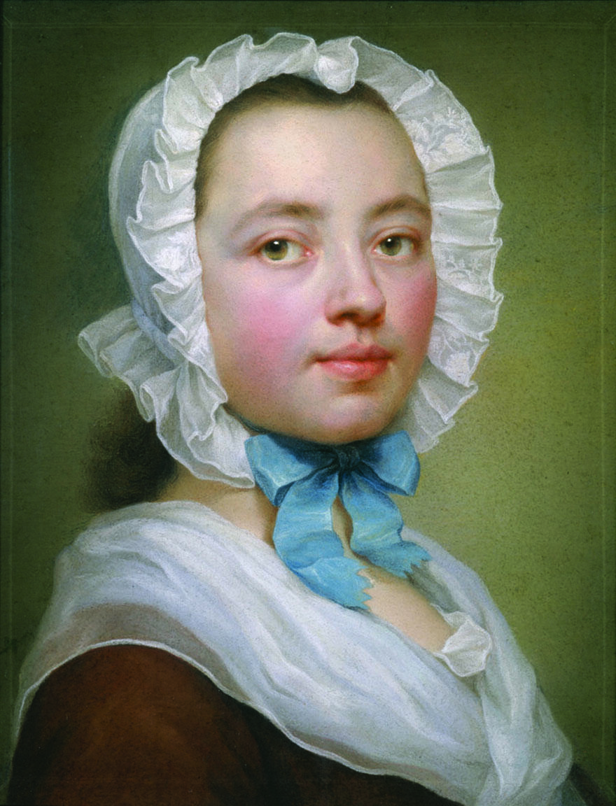 Painting of woman in bonnet facing viewer.