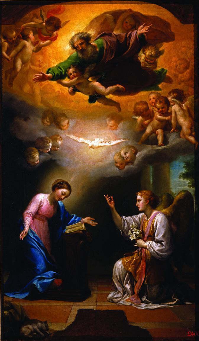 Painting of two figures in robes, with celestial scene featuring dove, cherubs, and a God-like figure above. 