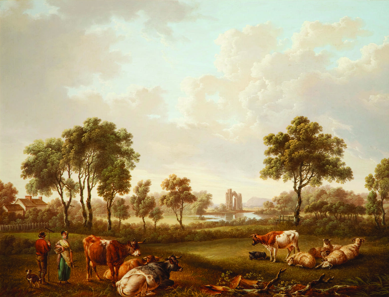 Rural landscape painting with house and lake in the background, and cows, a man, a woman, and a dog in the foreground. Rural landscape painting with house and lake in the background, and cows, a man, a woman, and a dog in the foreground.