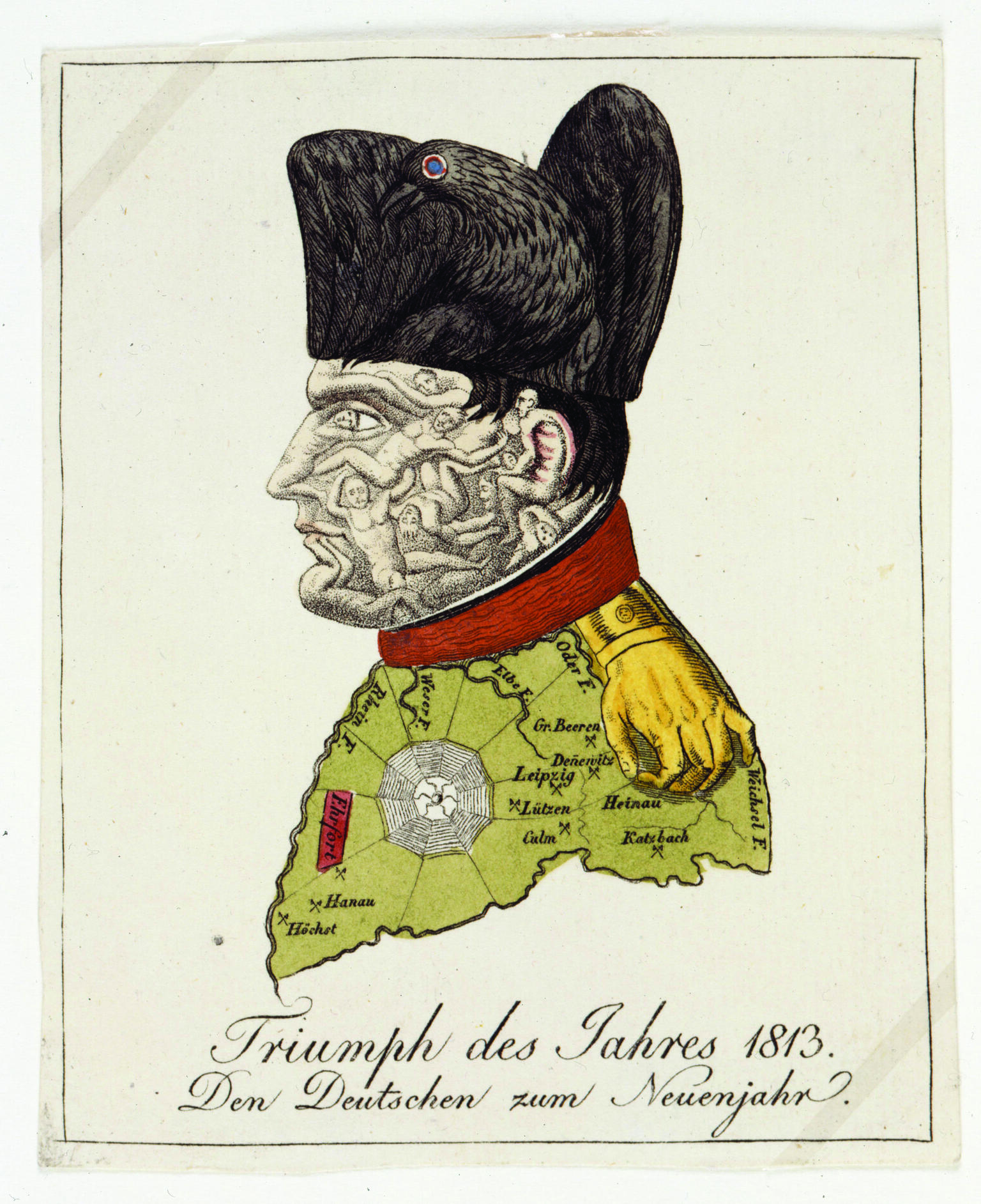 Profile hand-colored etching of man, with line drawings of bodies on his face, wearing a hat in the shape of crow, and shirt and epaulets in the shape of a map with hand outstretched over it.