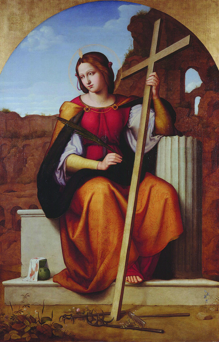 Painting of seated female figure, peering downward and away from viewer, wearing halo and cape and holding large cross.