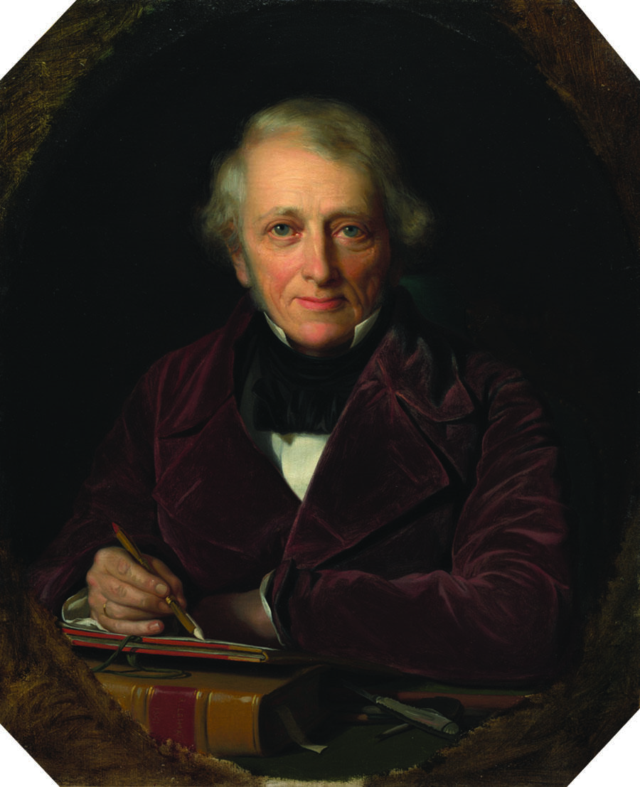 Portrait painting of man facing viewer with left arm resting on table with books and right hand holding dip pen. Portrait painting of man facing viewer with left arm resting on table with books and right hand holding dip pen.