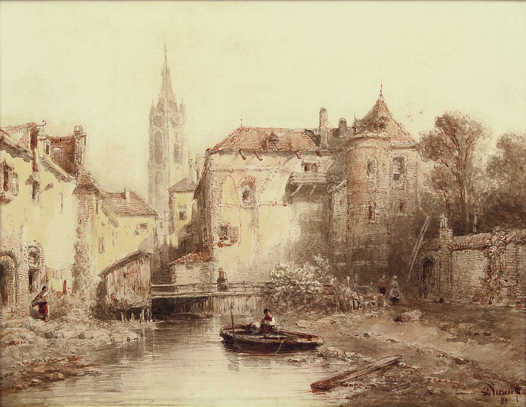 Ink and watercolor on paper depicting waterway with man in boat in foreground and city buildings, including bell tower, in background.