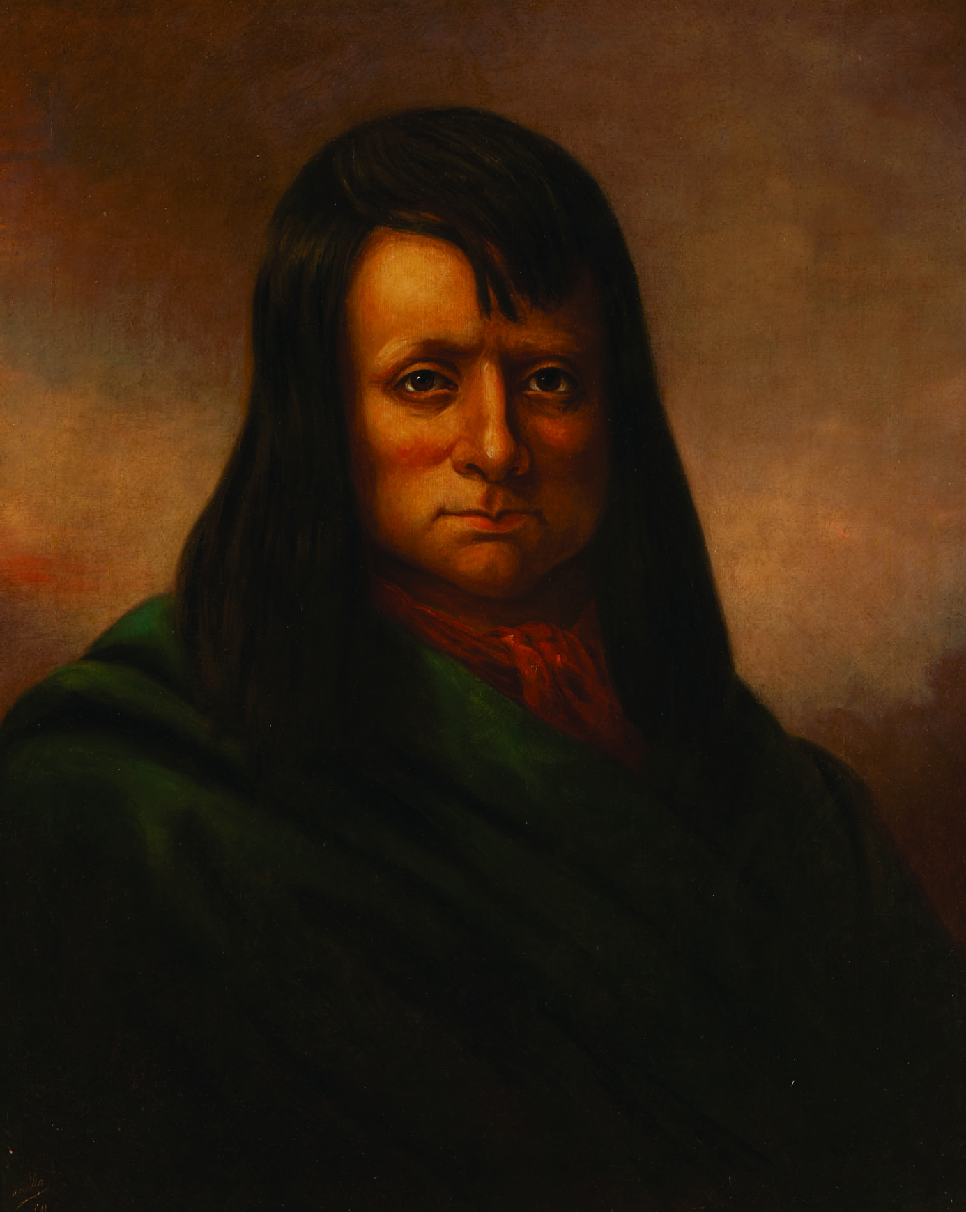Portrait painting of man with long hair and necktie facing viewer. Portrait painting of man with long hair and necktie facing viewer.