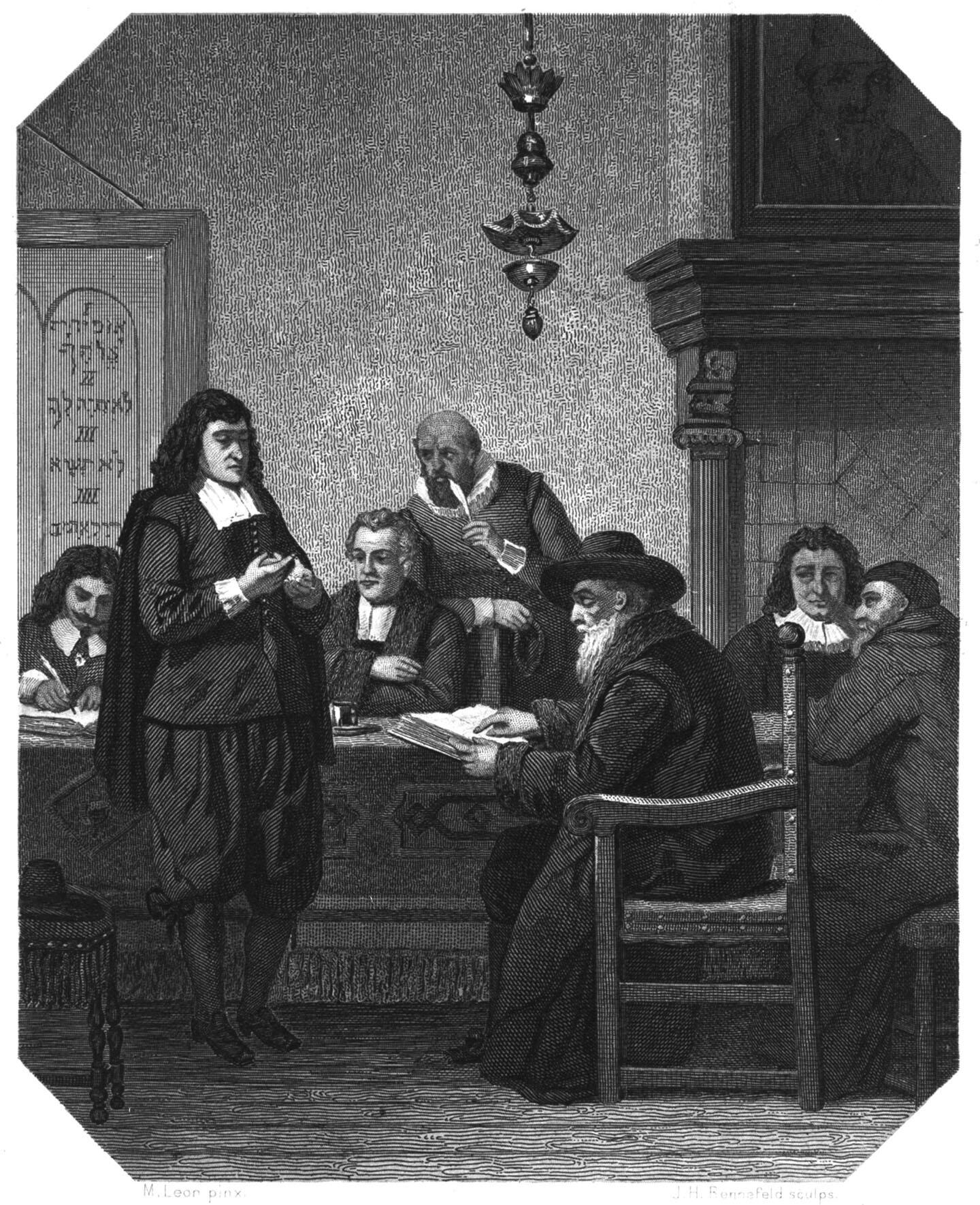 Lithograph of man with long hair standing before table of seated men.  