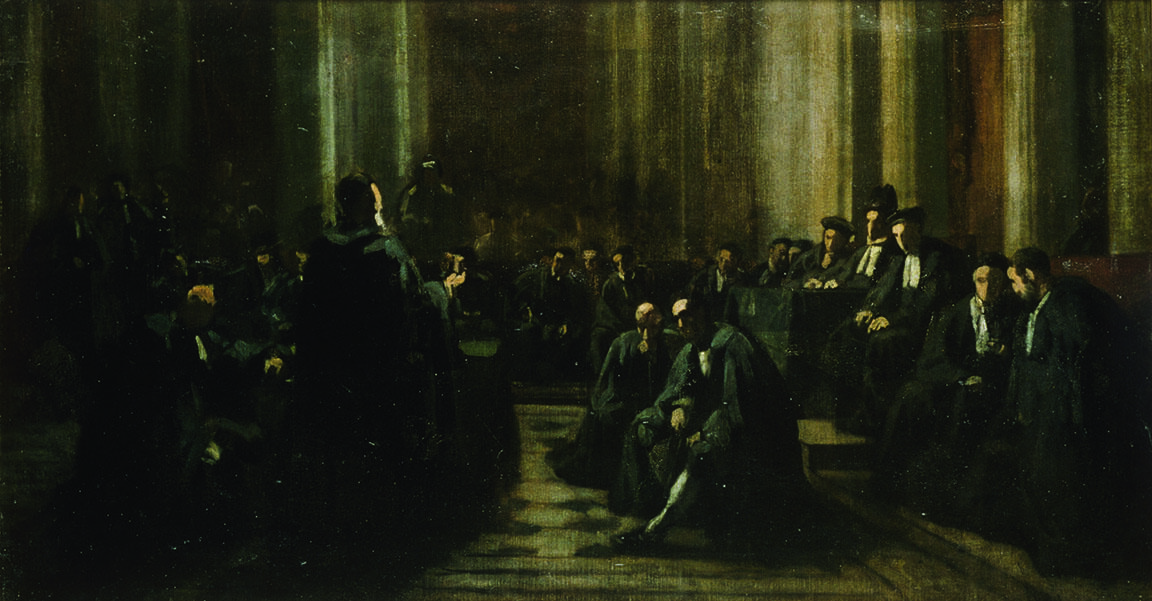 Painting of men seated in dark room and one central figure standing. Painting of men seated in dark room and one central figure standing.