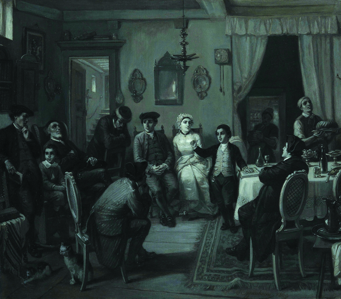 Painting of several men and a woman sitting next to boy speaking. Painting of several men and a woman sitting next to boy speaking.