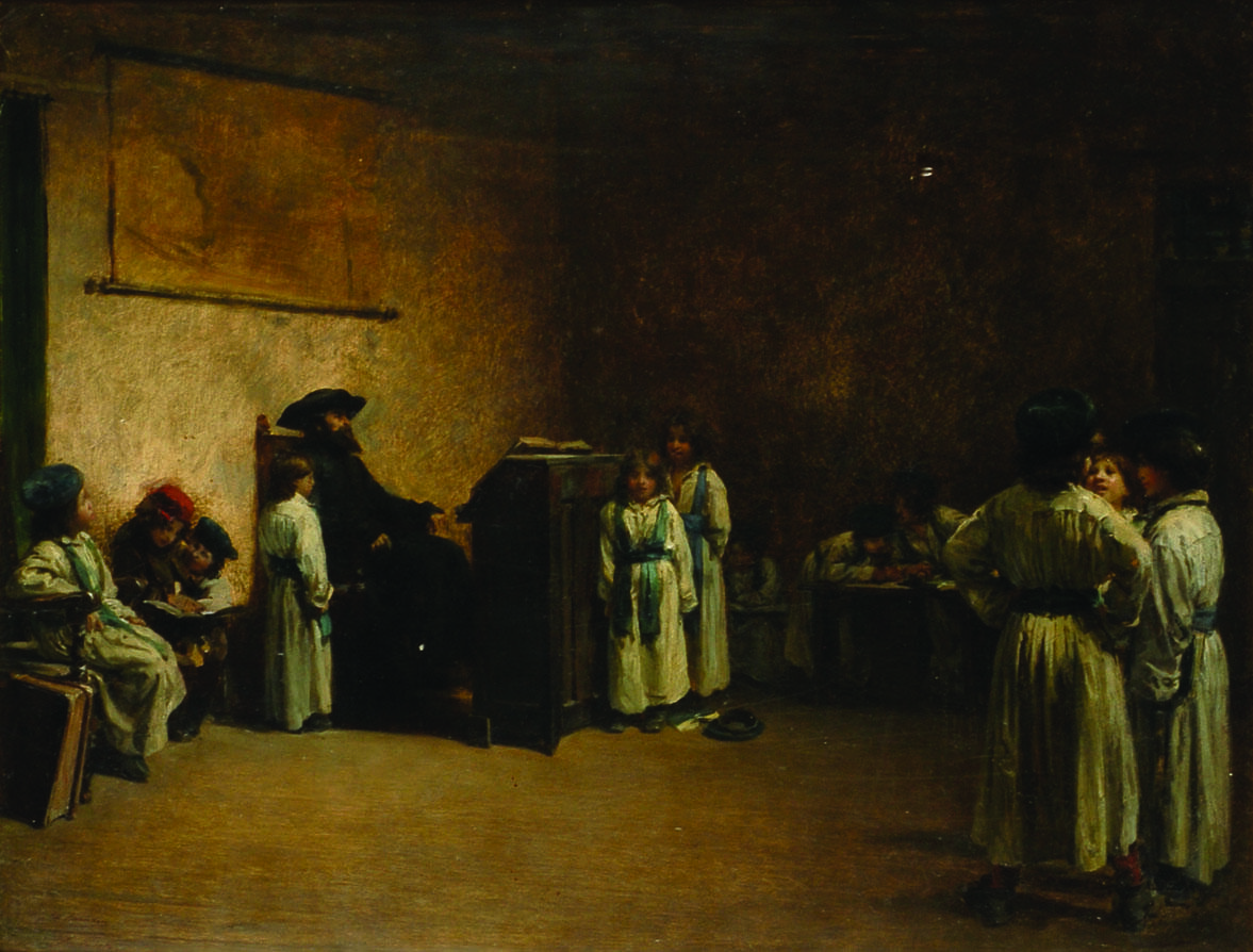 Painting of man seated at podium with children standing and seated on benches along wall. Painting of man seated at podium with children standing and seated on benches along wall.