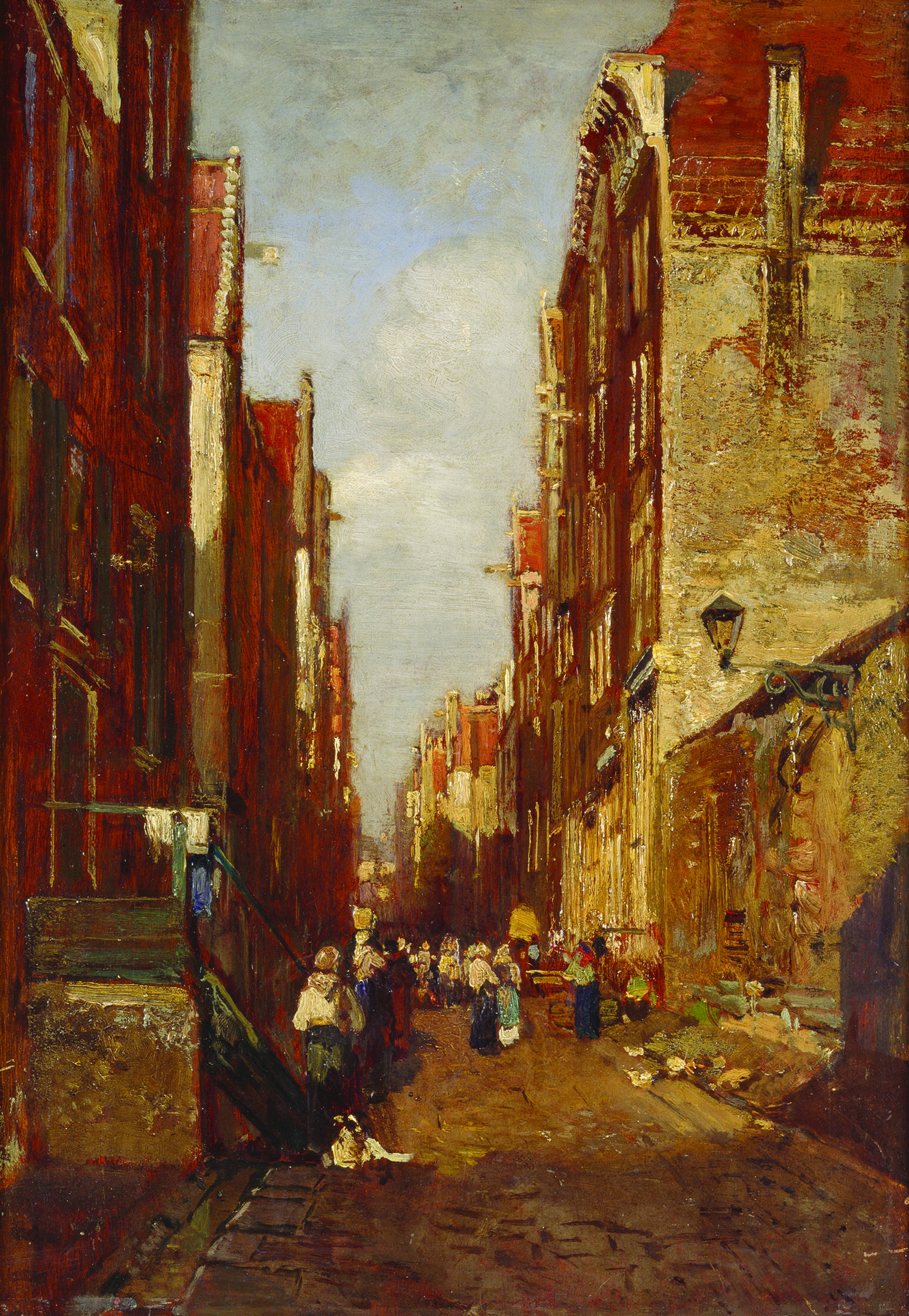 Painting depicting figures walking down a stone city street.