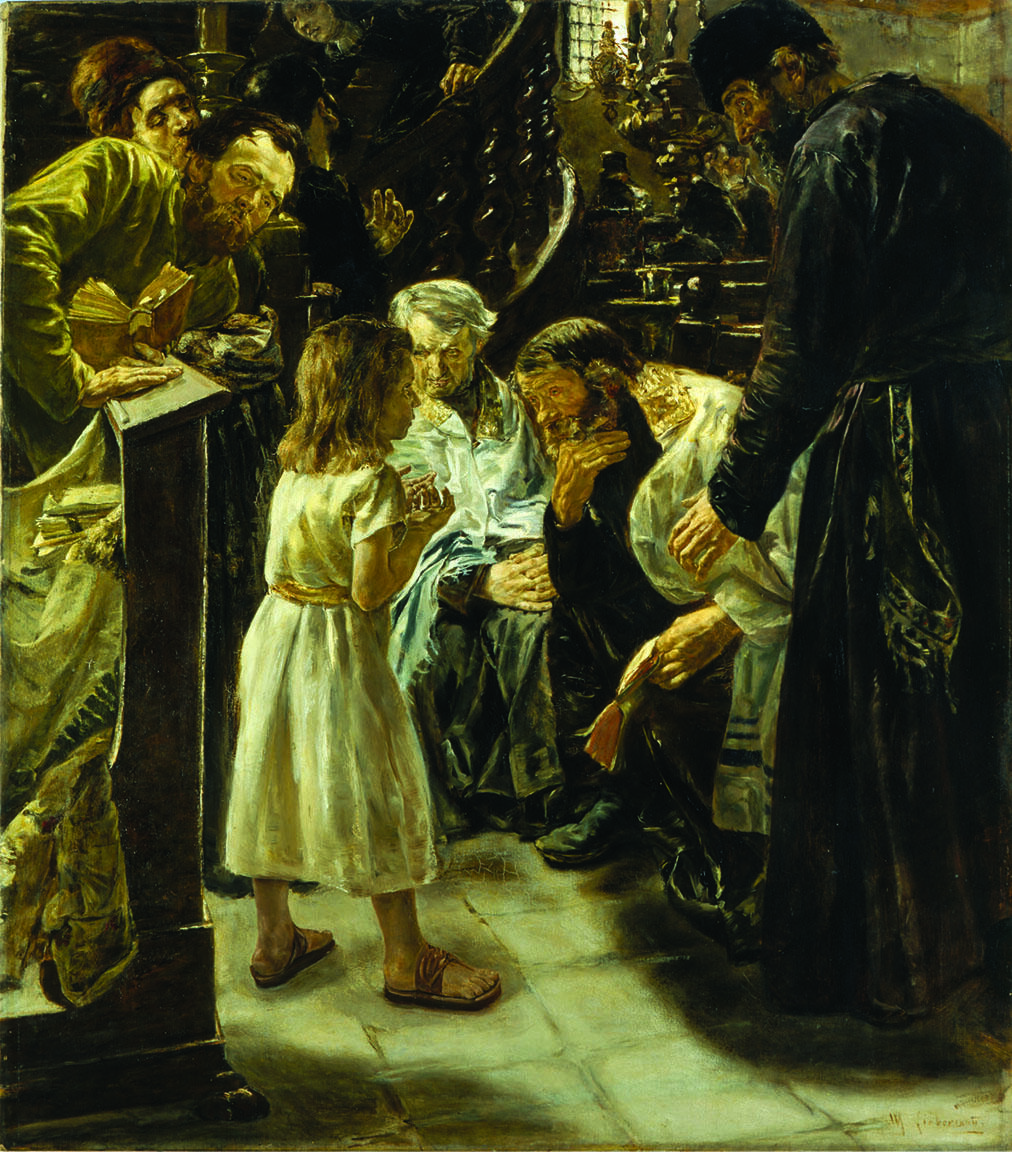 Painting of men next to lectern and staircase crowding around young boy. 