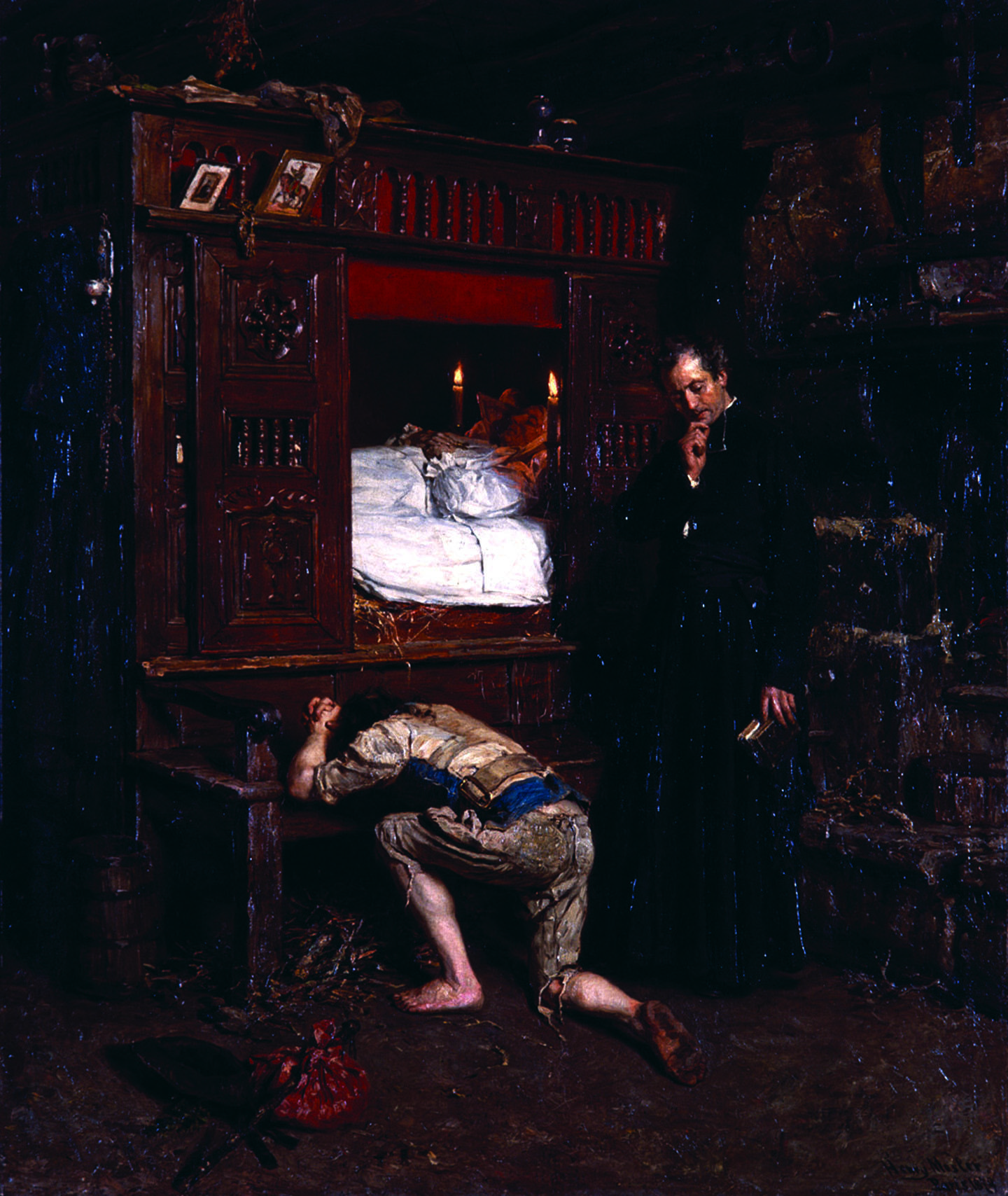 Painting depicting older man in bed as younger man kneels at bedside next to priest holding book.