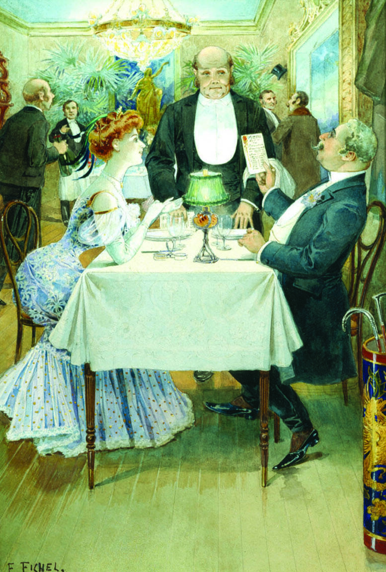 Painting depicting man and woman at a restaurant table as their server stands between them.