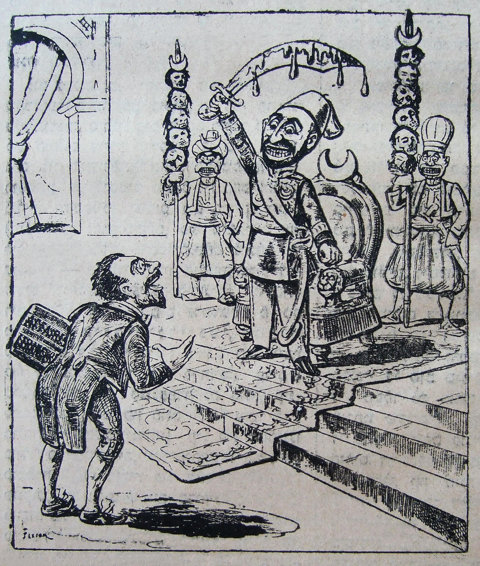 Drawing of man speaking to another man in robes on a dais, holding a dripping sword, with two men holding impaled human heads behind him.
