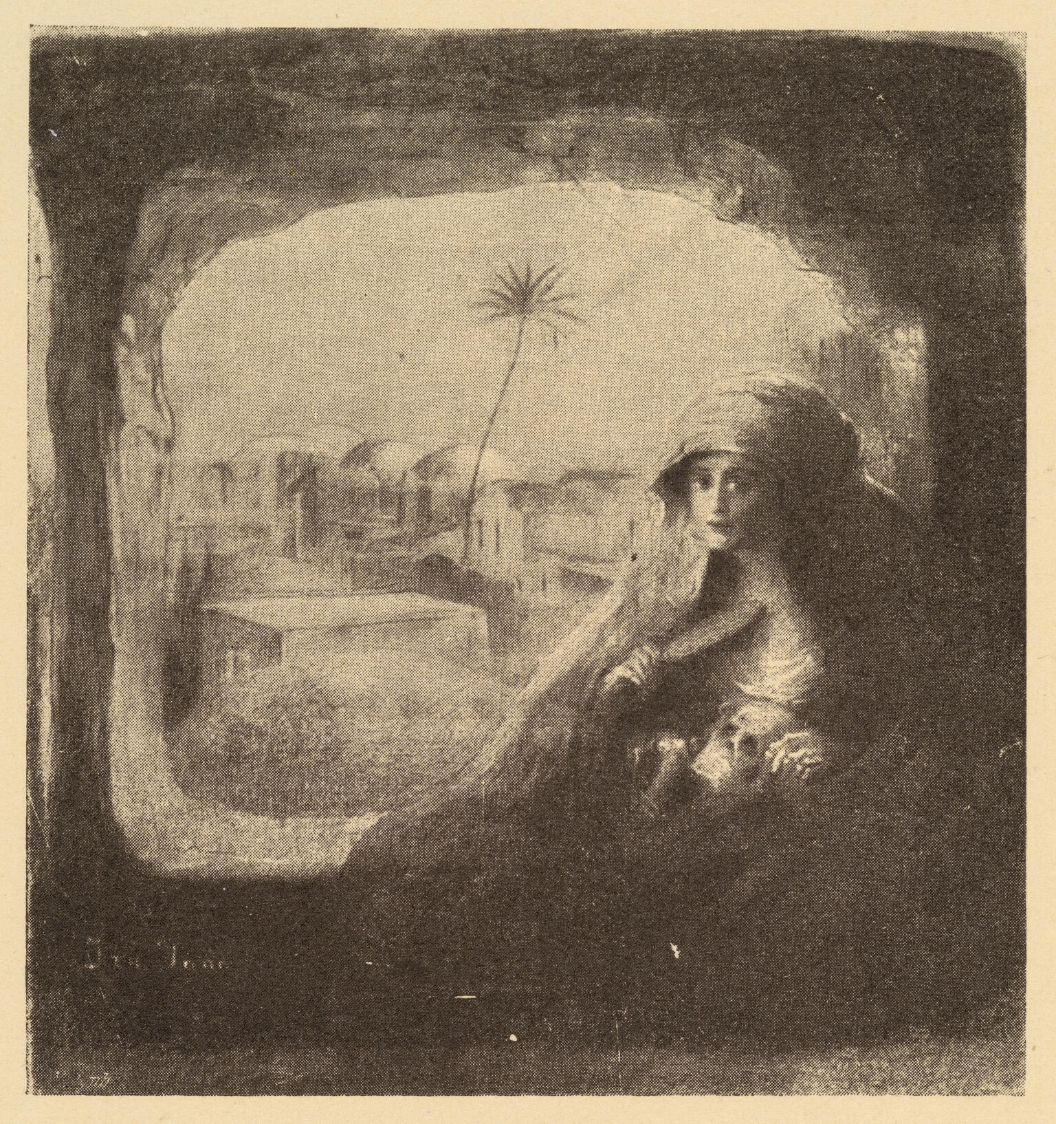 Painting of woman with headcovering framed in opening with cityscape in background.
