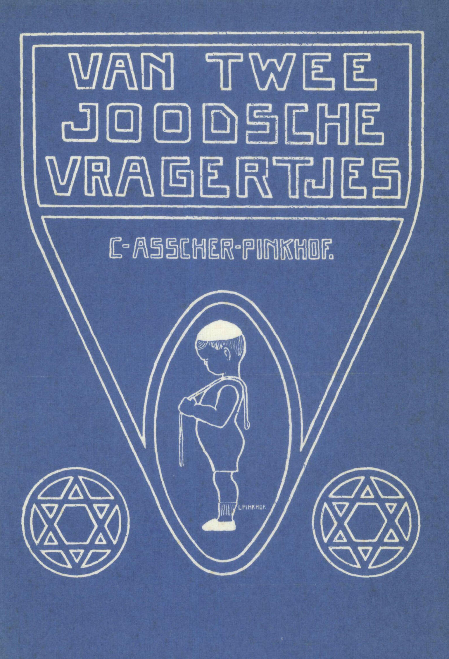Illustration with Dutch title and image in center of boy wearing prayer shawl flanked by a Star of David in a circle on either side.