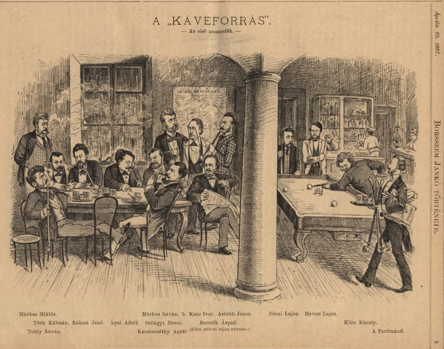 Print of men sitting around a table in room with central column.
