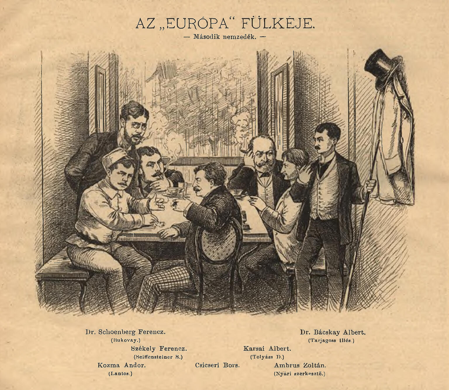 Print of men sitting around a table with jacket and hat hanging on wall to right.
