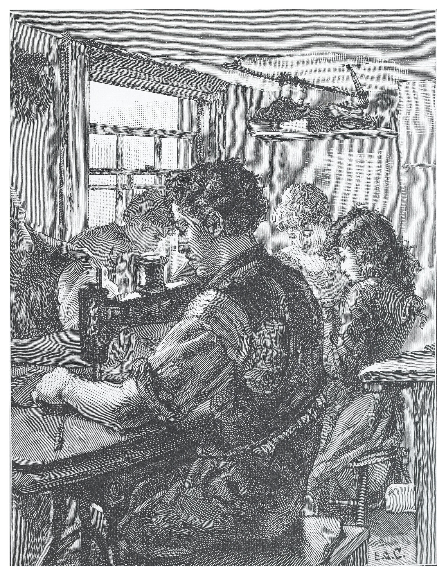 Illustration of four figures sitting at a table, sewing. Illustration of four figures sitting at a table, sewing.