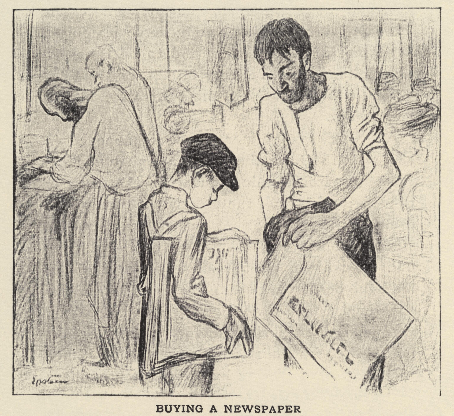 Drawing of man buying a newspaper from a young boy with other men in the background.