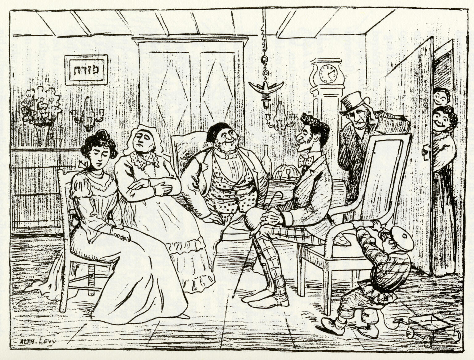 Drawing of women seated in front of a man as two men spy on the scene from behind a door.