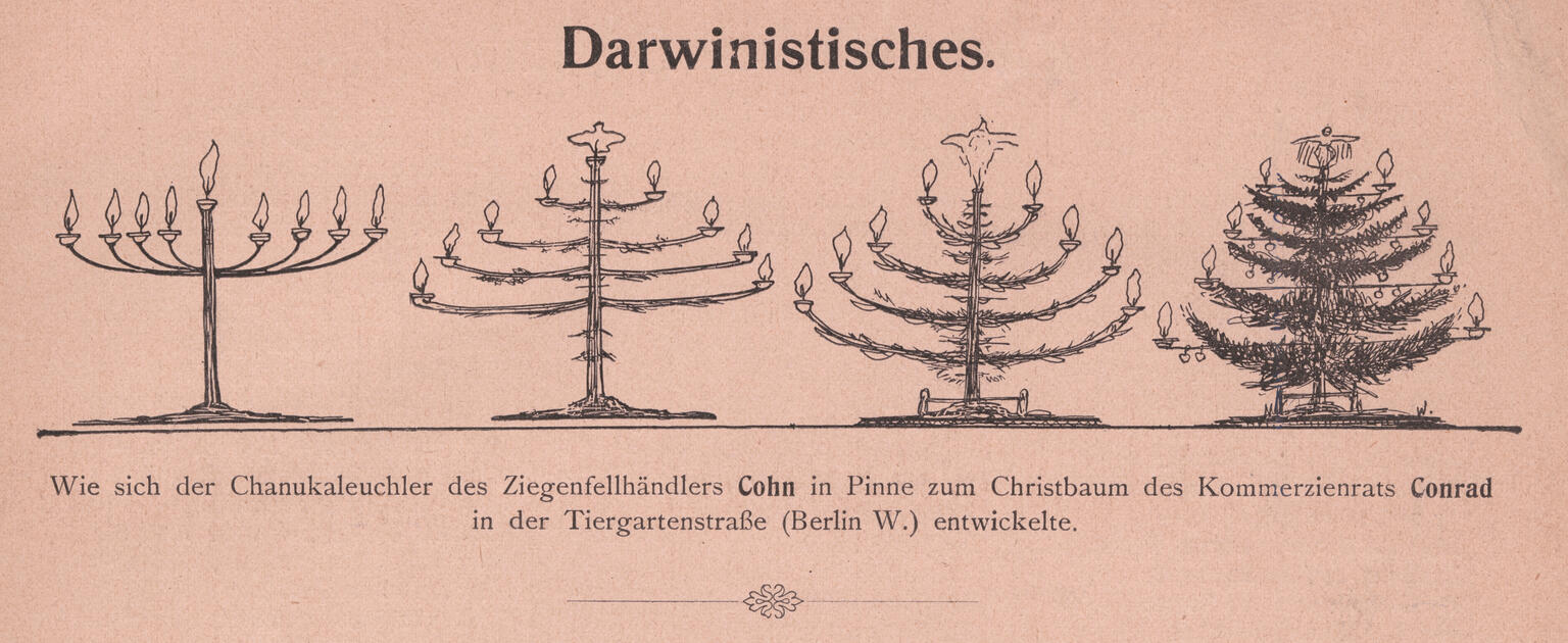 Four images of trees resembling candelabra and then a fir tree, with German text above and below.
