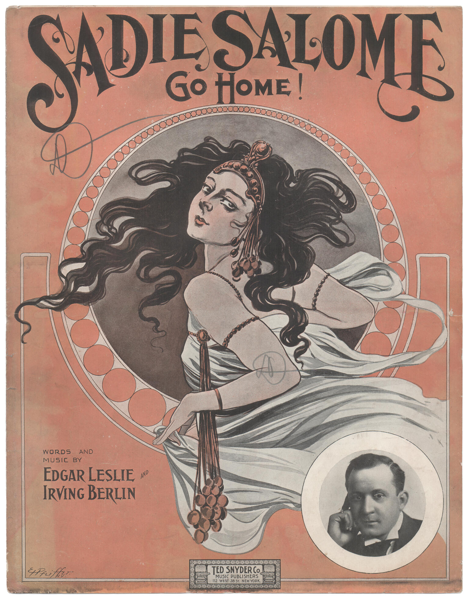 Poster with English text and image of woman with flowing hair, and photograph of man in right bottom corner.