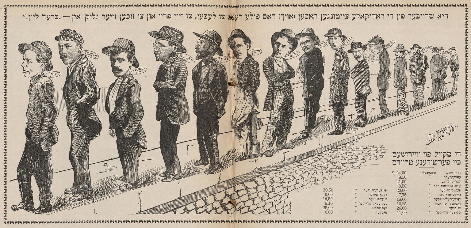 Drawing of men, wearing hats, standing in a line. Yiddish text appears above and below them. Drawing of men, wearing hats, standing in a line. Yiddish text appears above and below them.
