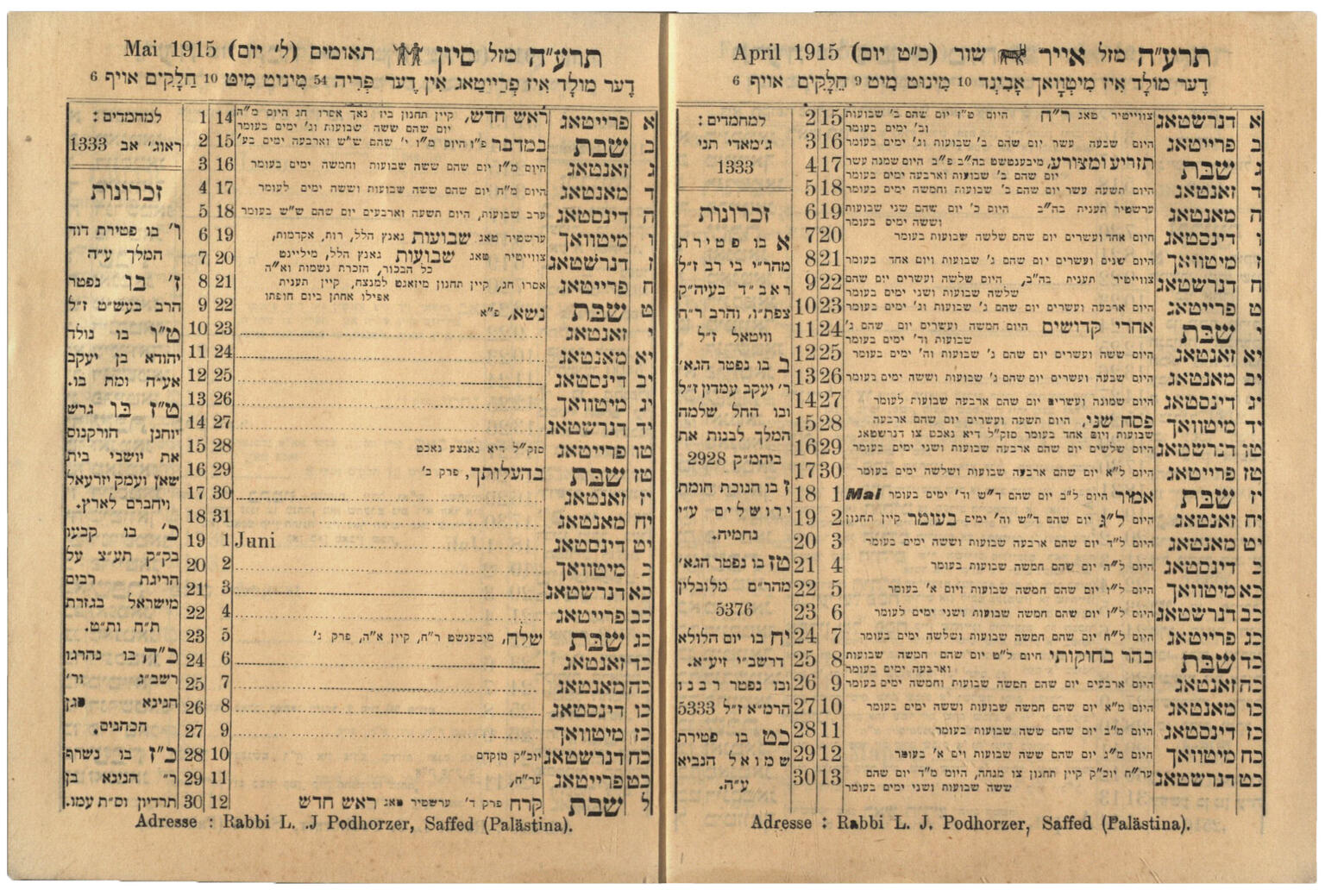 Facing pages with Yiddish text in columns and some French and English text in margins.