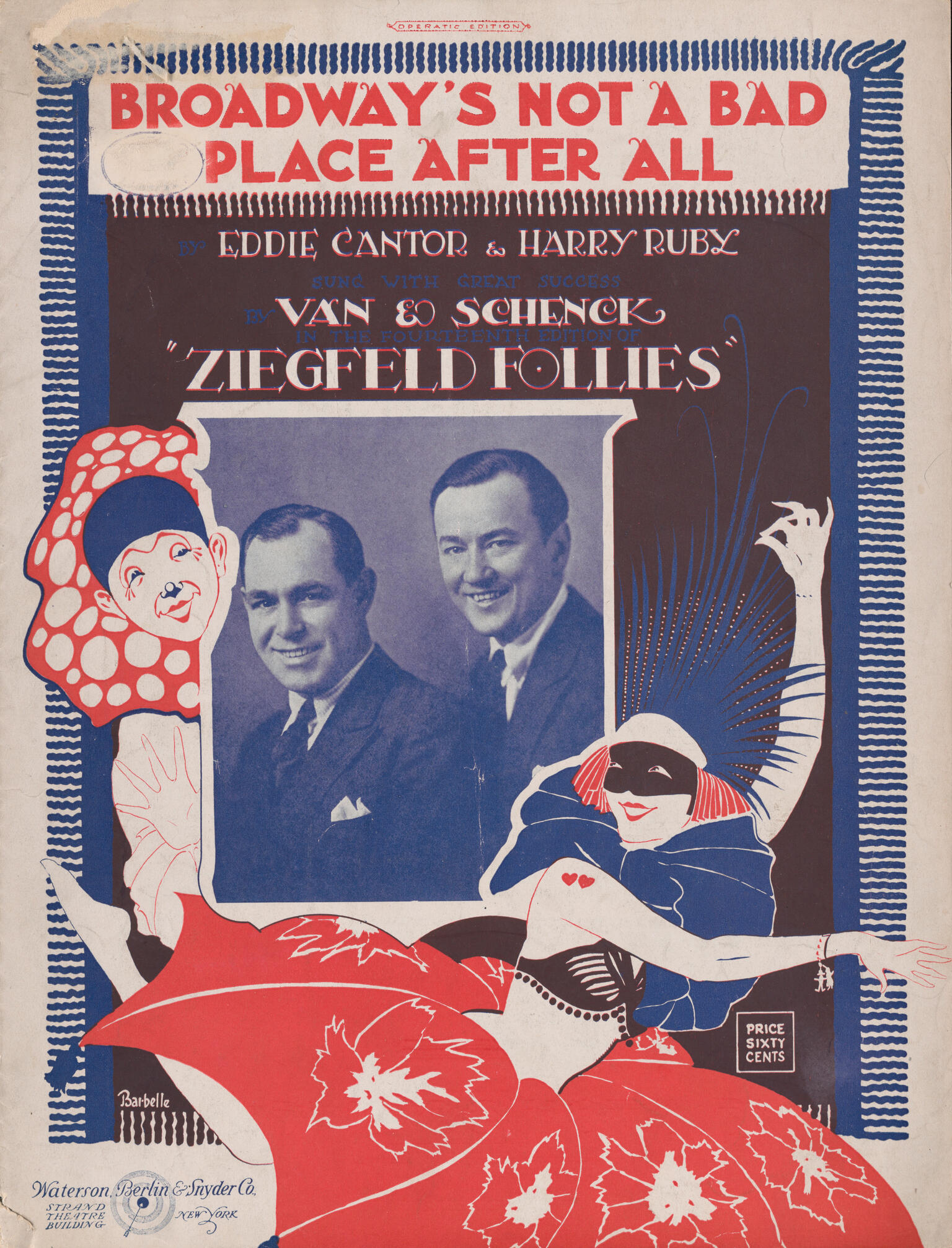 Poster with English text and photograph of two men, surrounded by drawing of a clown and a woman in a mask dancing.