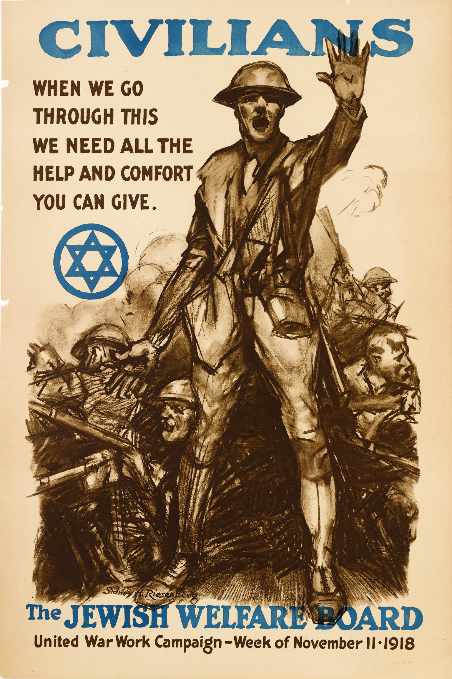 Page with drawing of soldiers and English text across top and bottom, with Star of David on left side of page.