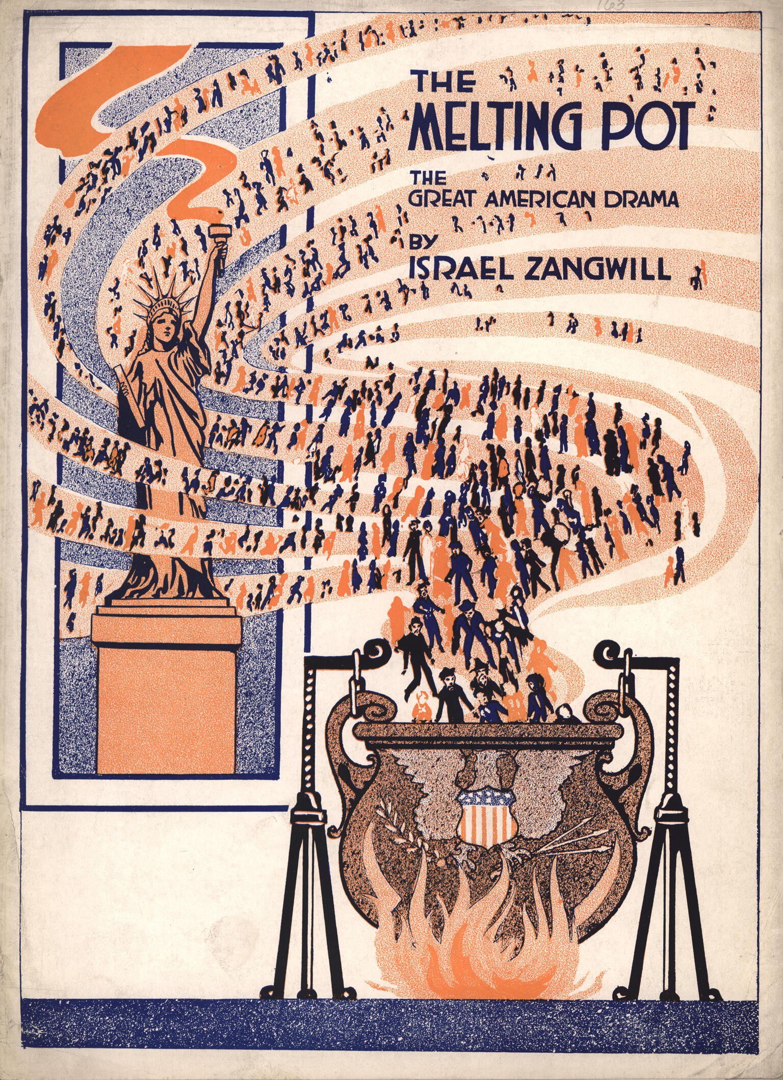 Page with English title and image of crowd of people emerging from a pot next to the Statue of Liberty.