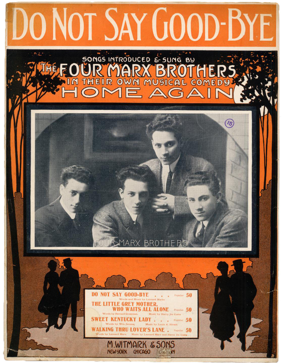 Page with English text on top and bottom with center photograph of four men, and silhouettes of two couples on the bottom.