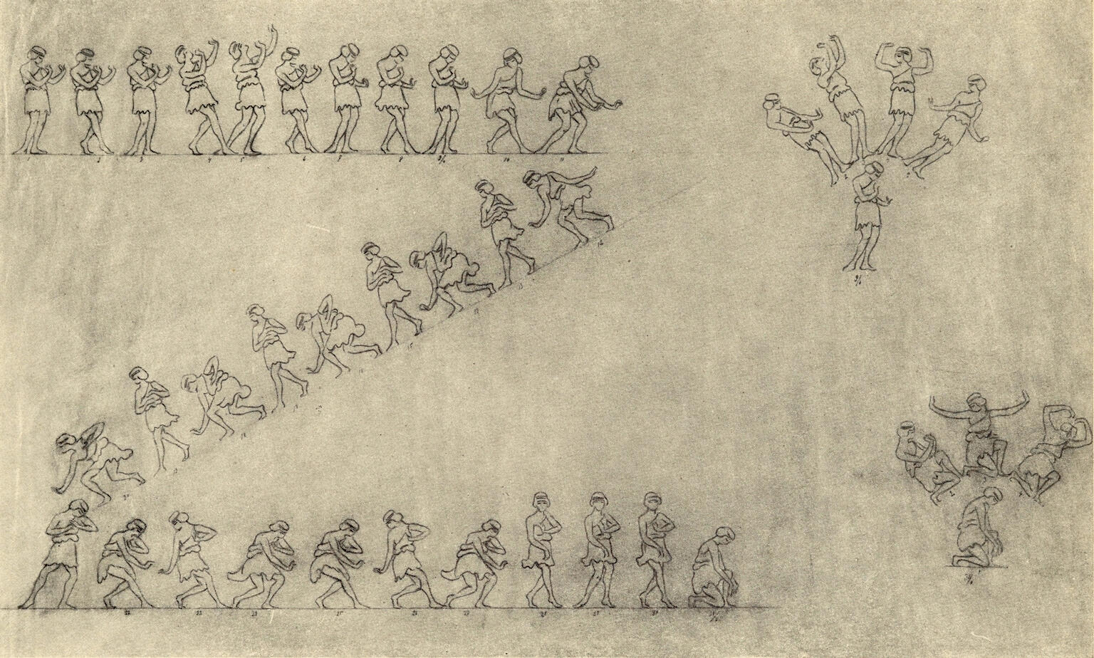Drawing of figures in dancing positions.