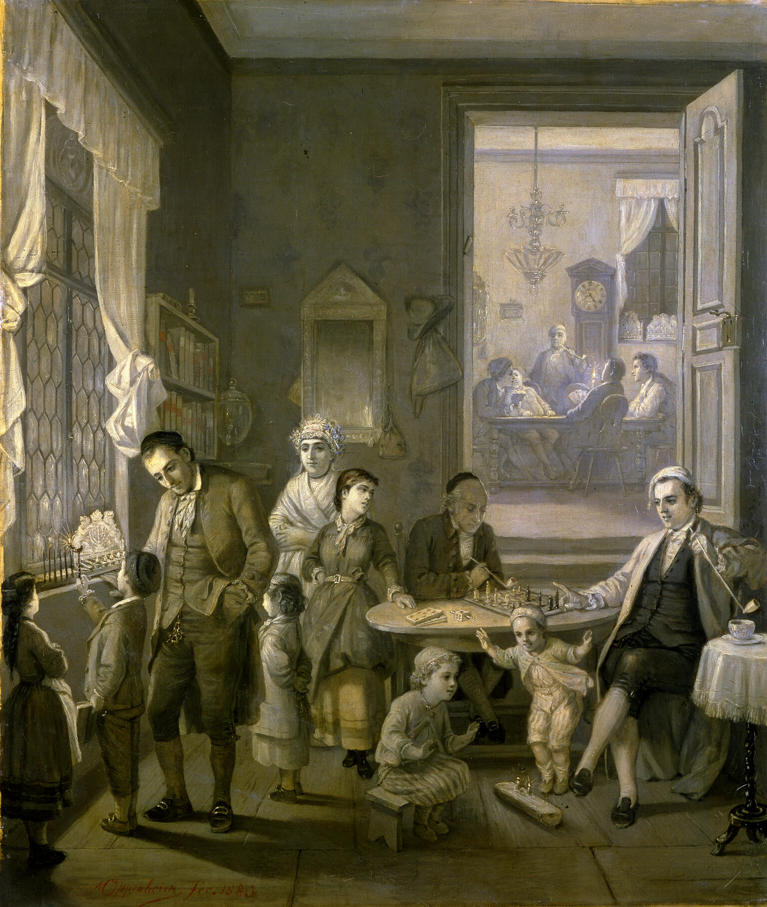 Painting of people of various ages in room, several of whom light a candelabrum by the window.