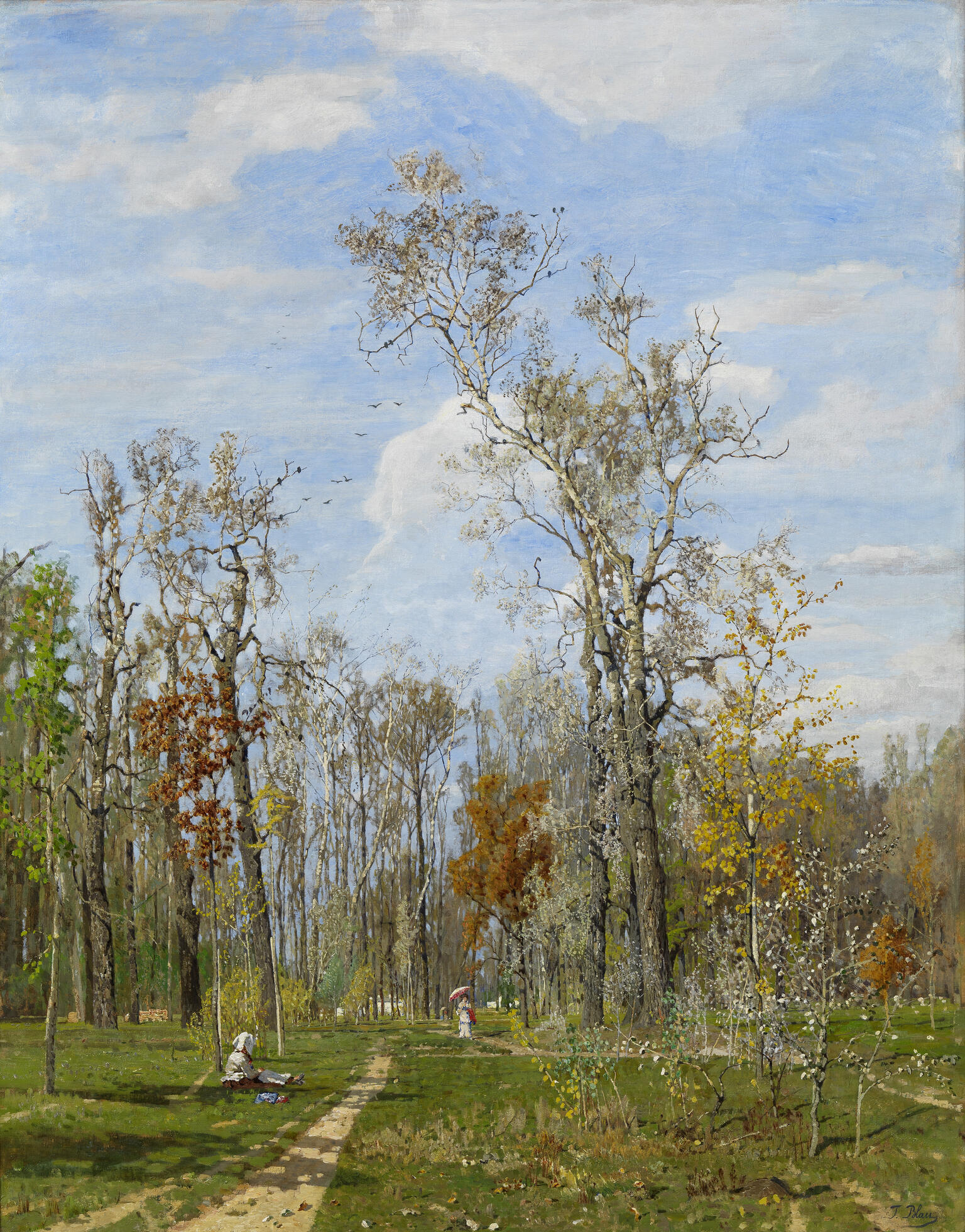 Painting of wooded landscape with path through the middle, and several women on either side sitting and walking.