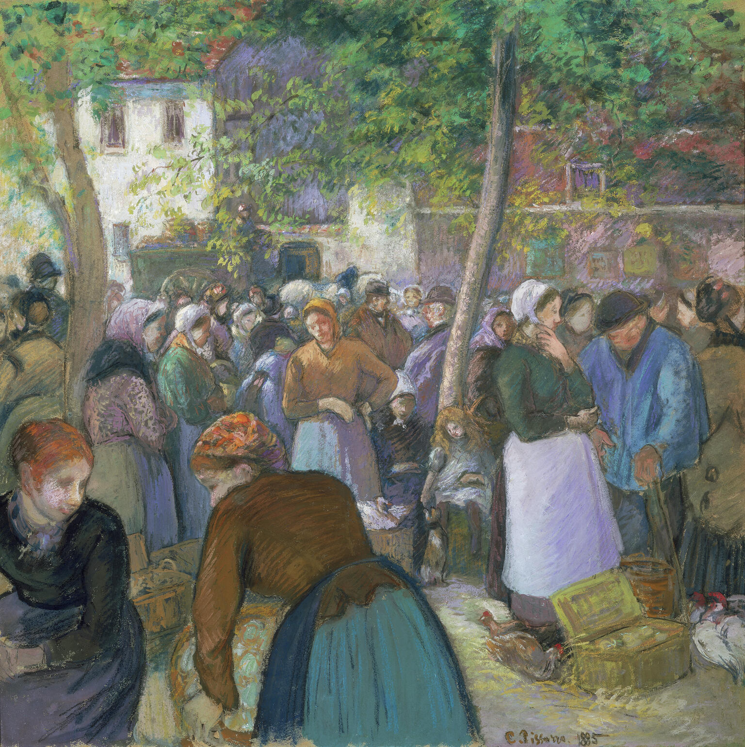 Painting of many people in a crowded outdoor space. Painting of many people in a crowded outdoor space.